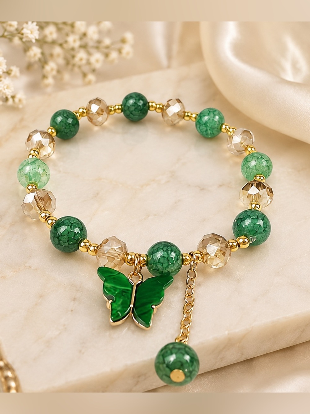 💥3/$15 Green & Gold Beaded Bracelet | Butterfly Charm | Sparkly Glass Beads